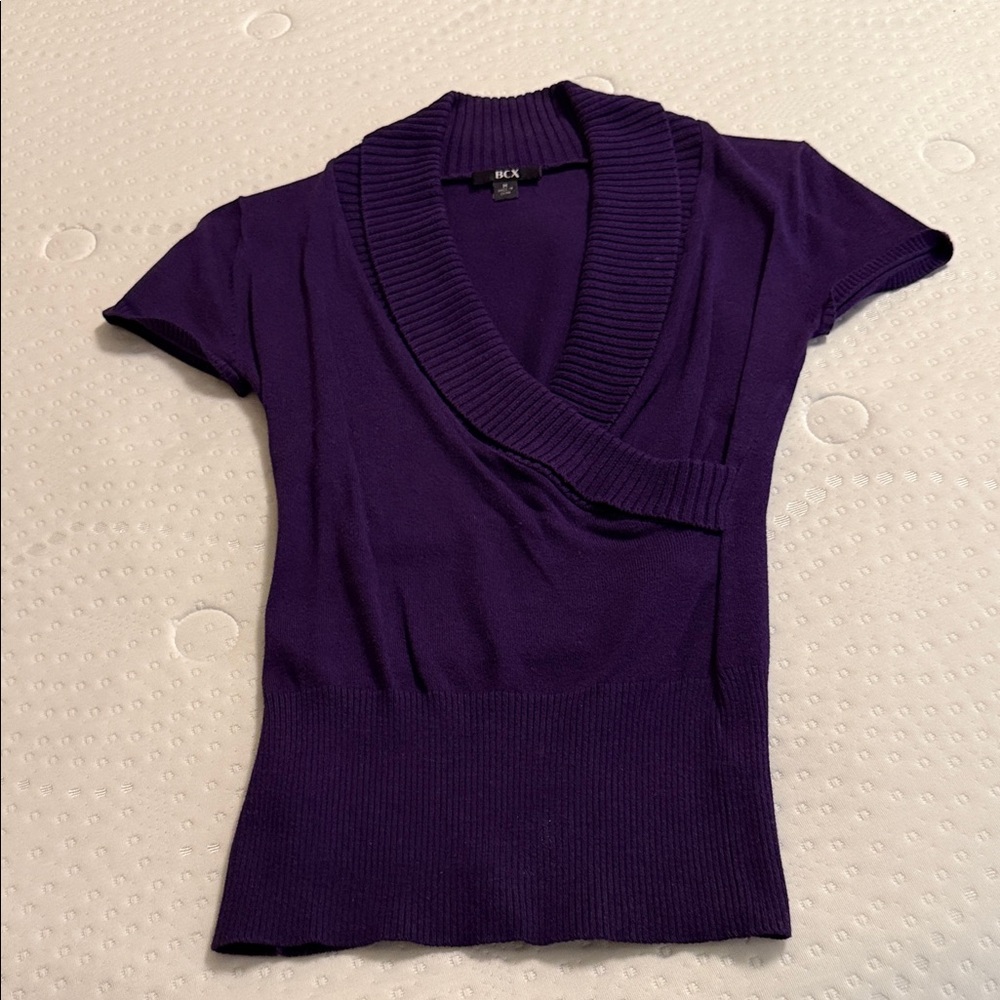 BCX Purple Wrap-Style Short Sleeve Knit Top